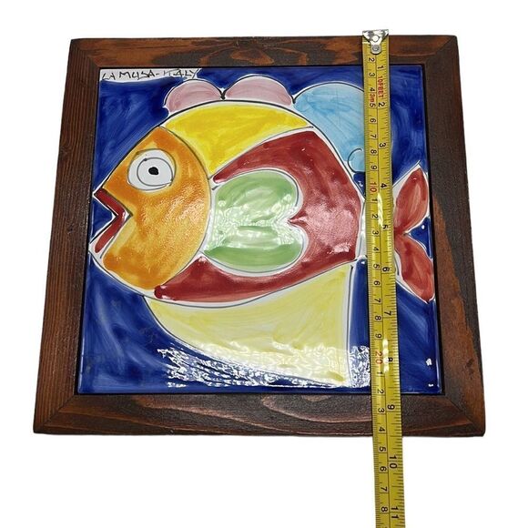 Italian Pottery Framed Fish Tile La Musa Hand-Painted Wooden Frame Italy - Picture 8 of 8